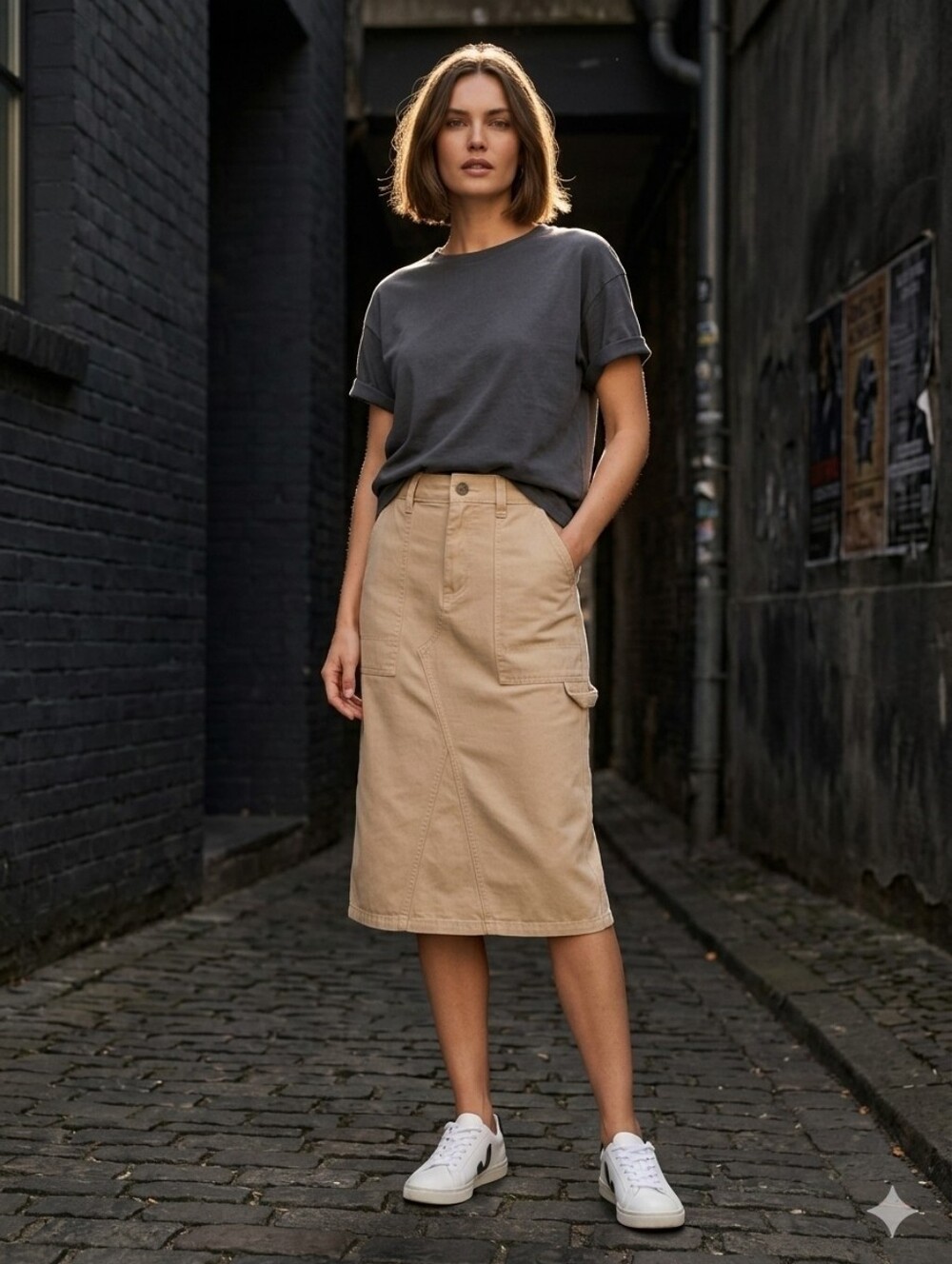 Tan Khaki Denim Utility Maxi Skirt Front Slit Carpenter Cargo Pockets Cotton Med